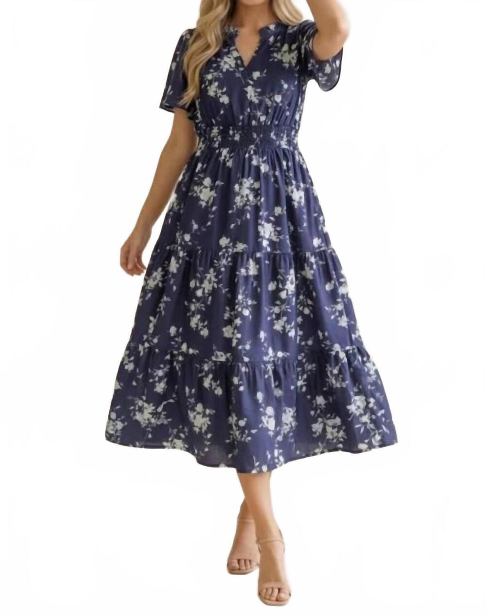 NEW HAPTICS frilled notch neck smocked waist floral dress - plus in blue